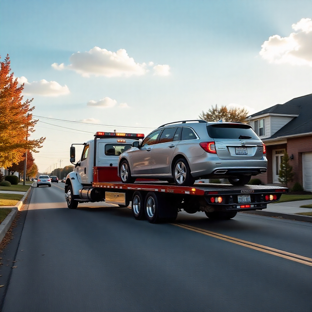 A tow truck from Mo Towing is seen transporting a silver vehicle on a flatbed along a quiet suburban street. The professional Mo Towing truck reflects the company’s reliable roadside assistance and car recovery services. With autumn-colored trees, clear skies, and well-kept homes in the background, the image captures Mo Towing’s commitment to safe, efficient, and friendly towing service in local neighborhoods. Mo Towing, tow truck, flatbed towing, car recovery, roadside assistance, vehicle trans